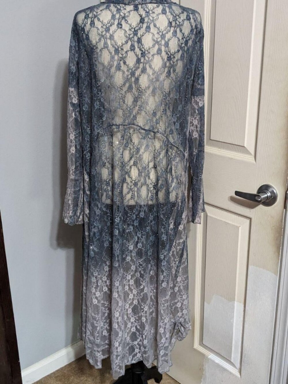 Origami Sheer Floral Lace Ruffle Duster Cardigan Slate Blue XXL Whimsigoth - Picture 3 of 6